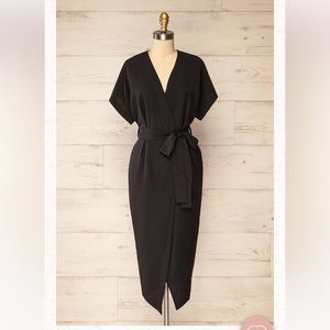 Black Faux Wrap Midi Dress